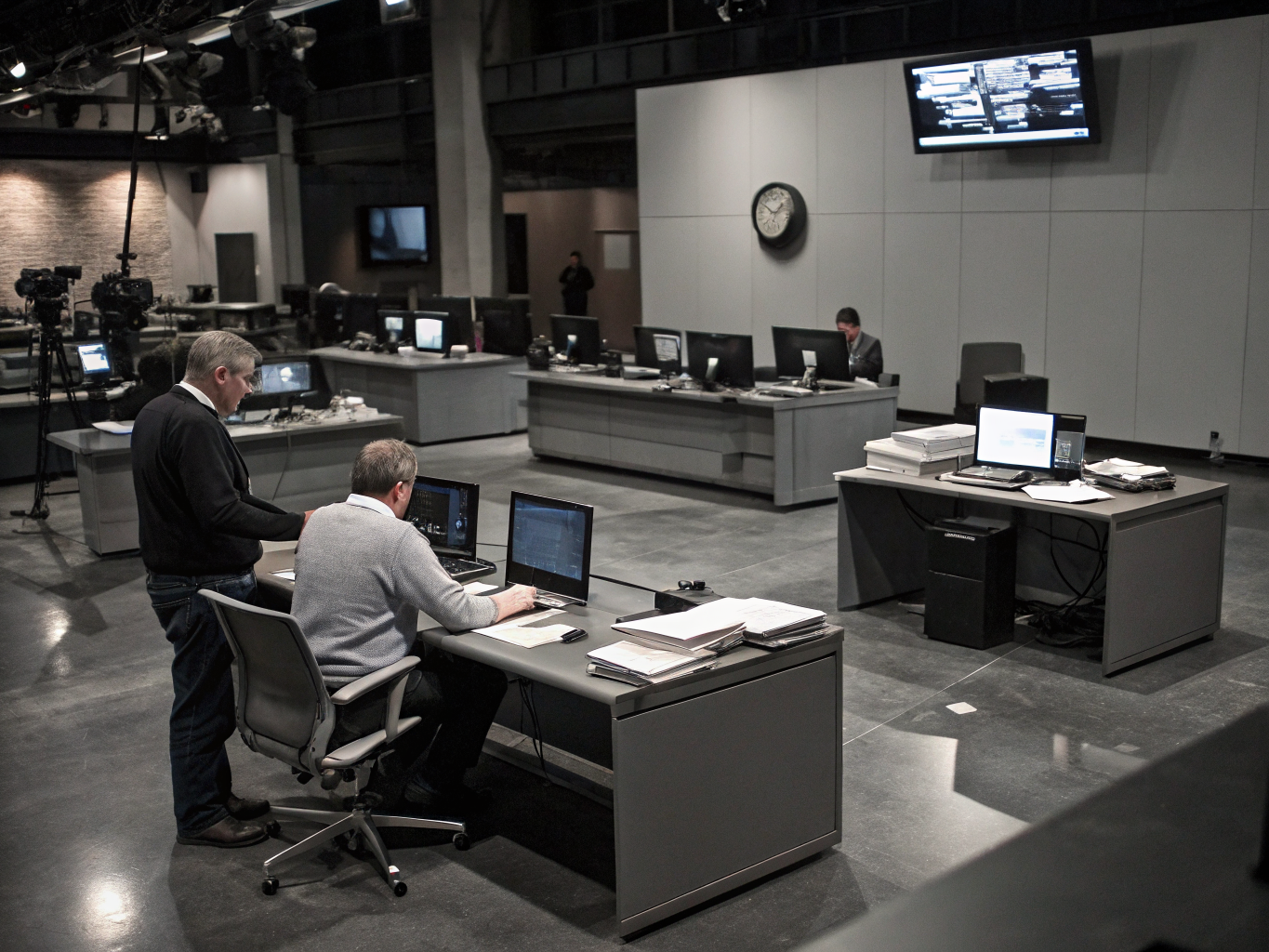 High-contrast black and white newsroom atmosphere
